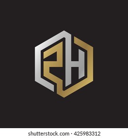 ZH initial letters looping linked hexagon elegant logo golden silver black background