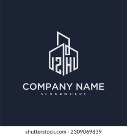 ZH initial monogram logo for real estate with building style