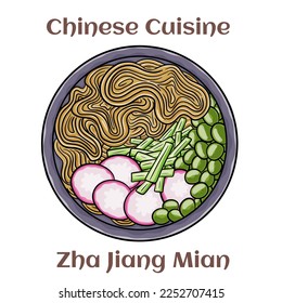 Zha jiang mian. Noodles with a rich, meaty sauce, topped with fermneted soy bean paste and fresh cucumber. Chinese food. Vector image isolated.