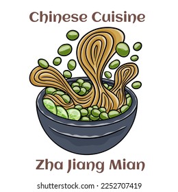 Zha jiang mian. Noodles with a rich, meaty sauce, topped with fermneted soy bean paste and fresh cucumber. Chinese food. Vector image isolated.