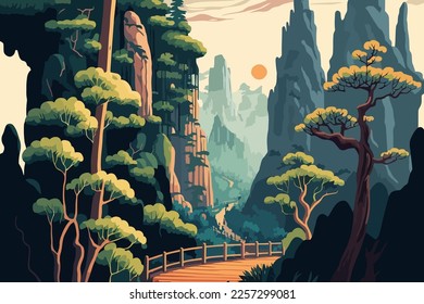 Zhangjiajie Forest Park china. Landscape of mountains and forest. Vector illustration in flat style.