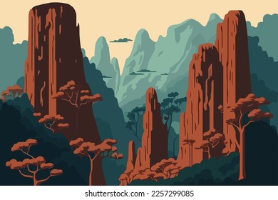 Zhangjiajie Forest Park china. Landscape of mountains and forest. Vector illustration in flat style.