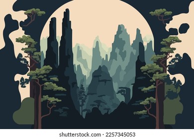 Zhangjiajie Forest Park china. Landscape of mountains and forest. Vector illustration in flat style.