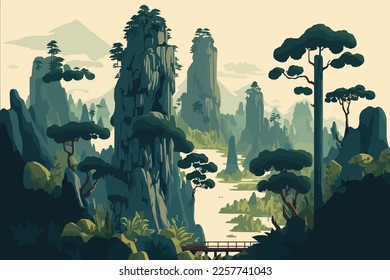 Zhangjiajie Forest Park china. Paisaje de montañas y bosques. Ilustración vectorial en estilo plano.