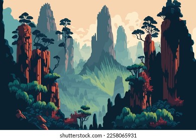 Zhangjiajie Forest Park china. Landscape of mountains and forest. Vector illustration in flat style.