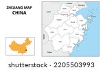Zhejiang Map of China. State and district map of Zhejiang. Administrative map of Zhejiang with district and capital in white color.