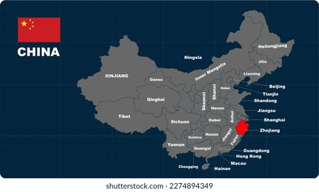 Zhejiang Map, Zhejiang red highlighted in 🇨🇳 CHINA 🇨🇳 map, flat design illustration vector