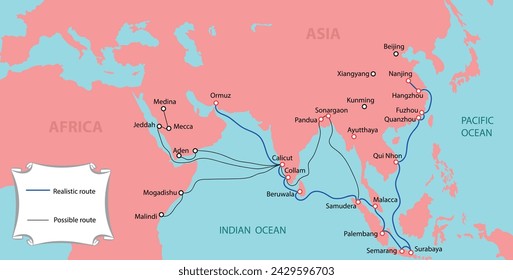 Zheng He's voyages to the West map. Vector illustration