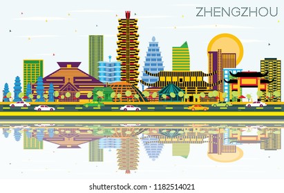Zhengzhou China City Skyline with Color Buildings, Blue Sky and Reflections. Vector Illustration. Business Travel and Tourism Concept with Modern Architecture. Zhengzhou Cityscape with Landmarks.