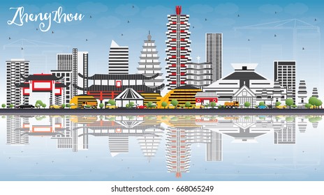 Zhengzhou Skyline with Gray Buildings, Blue Sky and Reflections. Vector Illustration. Business Travel and Tourism Concept with Modern Architecture. Image for Presentation Banner Placard and Web Site.