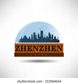 Zhenzhen, China, skyline silhouette design in snow globe, vector illustration.