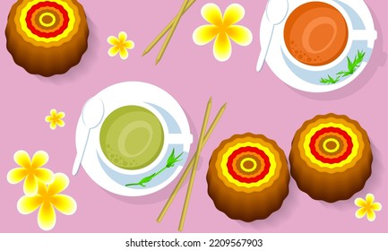Zhongqiu moon and harvest festival tea and sweets, vector art illustration.