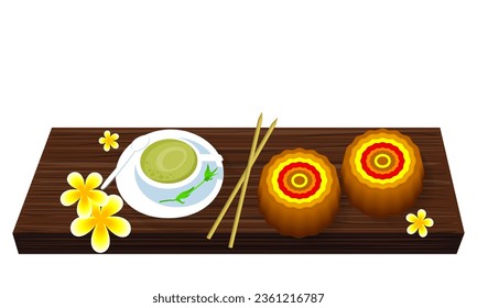 Zhongqiu Mooncakes Wooden Food Board Chinese Harvest Moon Festival, vector art illustration.