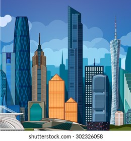 Zhujiang River landscape in Guangzhou city, Guangdong province, China .flat vector illustration
