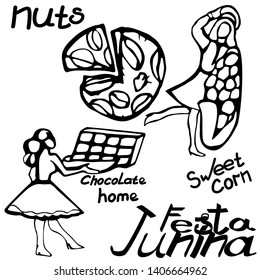Zhunina Festival in Brazil. Delicacy with chocolate and nuts. Graphics. Ink