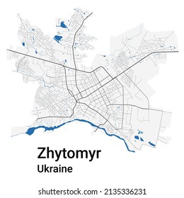 Zhytomyr vector map. Detailed map of Zhytomyr city administrative area. Cityscape panorama. Royalty free vector illustration. Road map with highways, rivers.