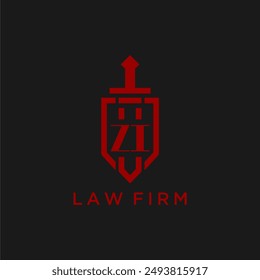Monograma inicial ZI para bufete de abogados con Imagen de espada y escudo