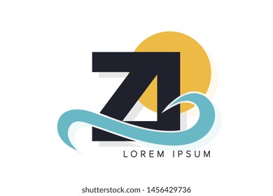ZI letter logo with ocean waves and sunset. Beach concept design