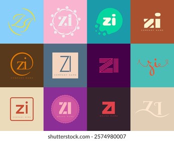 ZI logo company template. Letter z and i logotype. Set different classic serif lettering and modern bold text with design elements. Initial font typography. Collection trendy business identity.