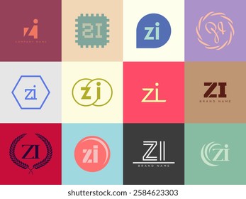 ZI logo company template. Letter z and i logotype. Set different classic serif lettering and modern bold text with design elements. Initial font typography. Collection trendy business identity.