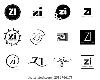 ZI logo company template. Letter z and i logotype. Set different classic serif lettering and modern bold text with design elements. Initial font typography. Collection trendy business identity.