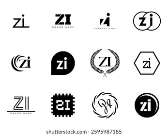 ZI logo company template. Letter z and i logotype. Set different classic serif lettering and modern bold text with design elements. Initial font typography. Collection trendy business identity.
