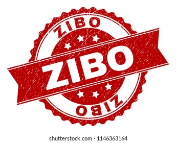 ZIBO seal print with distress texture. Rubber seal imitation has circle medal shape and contains ribbon. Red vector rubber print of ZIBO title with dirty texture.