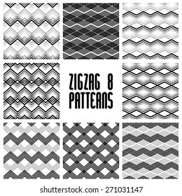 Zig zag black and white geometric seamless patterns set, vector backgrounds collection