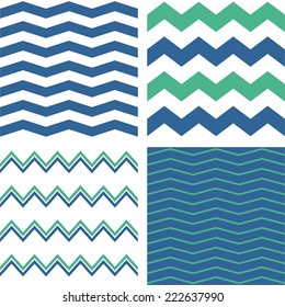 Zig zag chevron vector pattern set. Pastel green and sailor blue print collection on white background