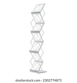 Zig zag display stand with clear shelves vector mockup. Blank white vertical open storage rack realistic mock-up. Brochure, catalogue, magazine holder. Template for design