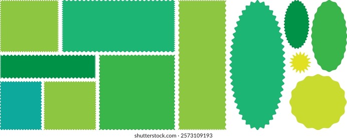 Zig zag edge circle, oval, rectangle, shape collection. Jagged rectangle. Zigzag edge frame. Isolated elements for design of text box, badge, banner. Zigzag shapes