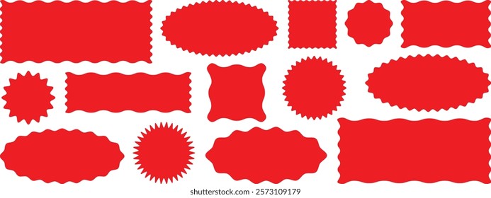 Zig zag edge collection. Jagged rectangle, circle, oval elements set. Zigzag stickers. Red graphic design elements for decoration, banner, poster, template, sticker, badge, label, tag. Wavy edge frame