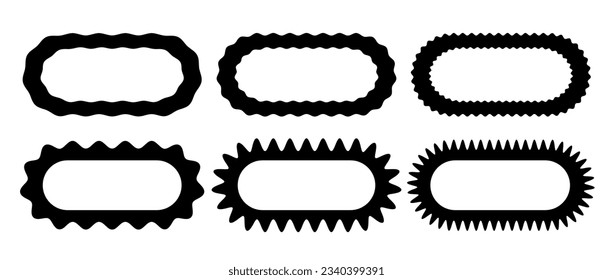 Zig zag edge oval frame collection. Jagged ellipse border elements set. Black graphic design elements for decoration, banner, poster, template, sticker, badge. Vector bundle