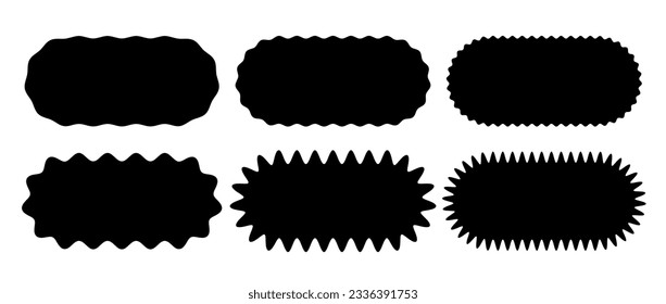 Zig zag edge oval shape collection. Jagged ellipse elements set. Black graphic design elements for decoration, banner, poster, template, sticker, badge. Vector