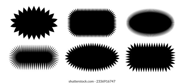 Zig zag edge oval shape collection. Jagged elliptic and curved elements set. Black graphic design elements for decoration, banner, poster, template, sticker, badge, label, stamp. Vector