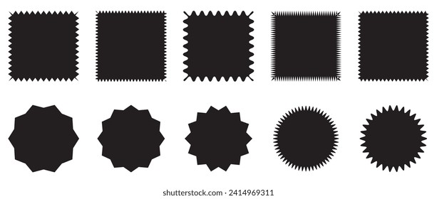 Zig zag edge rectangle and circle shapes collection. Jagged rectangular elements set.Black graphic design elements for decoration,banner, poster,template,sticker,badge.Vector illustration