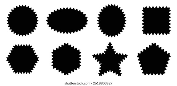 Zig zag edge rectangle, circle, oval, star, polygon shape collection. Jagged rectangle, oval and circle. Isolated elements for design of text box, badge, banner.