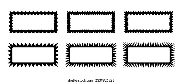 Zig zag edge rectangle frames collection. Jagged rectangular borders set. Black graphic design elements for decoration, banner, poster, template, sticker, badge. Vector