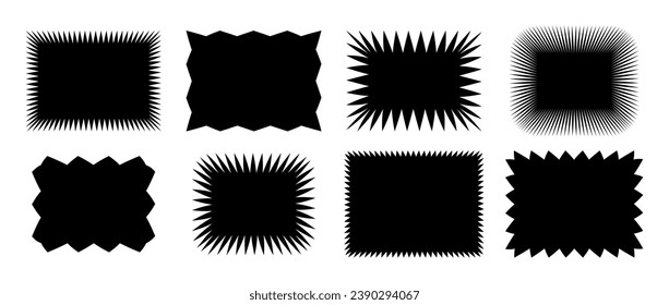 Zig zag edge rectangle shape collection. Jagged square elements set. Black graphic design element pack for decoration, banner, poster, template, sticker, badge, label, tag, flyer. Vector bundle