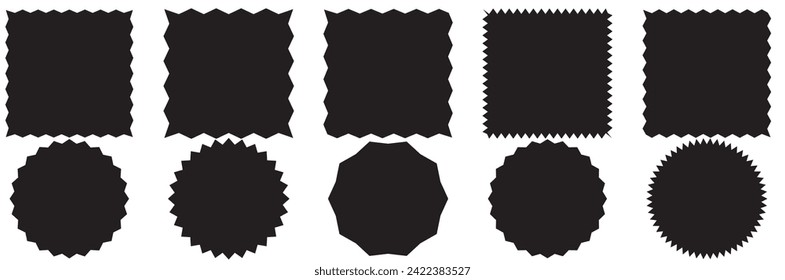  Zig zag edge rectangle shape collection. Jagged rectangular elements set. Black graphic design elements for decoration, banner, poster, template, sticker, badge. Vector