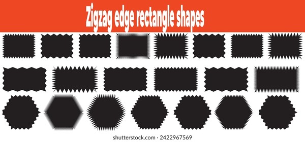 Zig zag edge rectangle shape collection. Jagged rectangular elements set. Black graphic design elements for decoration, banner, poster, template, sticker, badge. Vector