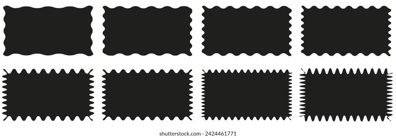 Zig zag edge rectangle shape collection. Jagged rectangular elements set. Black graphic design elements for decoration, banner, poster, template, sticker, badge. Vector