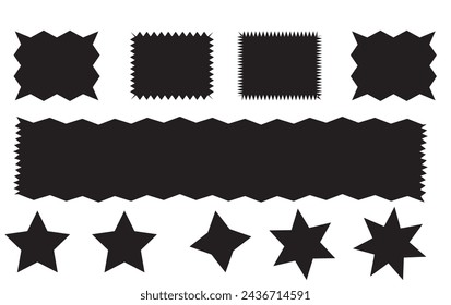 Zig zag edge rectangle shape collection. Jagged rectangular elements set. Black graphic design elements for decoration, banner, poster, template, sticker, badge. Vector