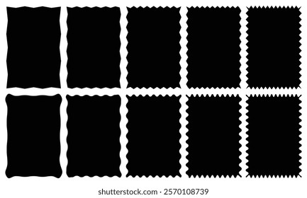 Zig zag edge rectangle shape collection. Jagged rectangular elements set. Black graphic design elements for decoration, banner, poster, template, sticker, badge, label, tag. Vector- EPS 10.