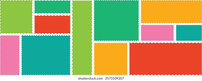 Zig zag edge rectangle shape collection. Rectangle shape frame with zig zag edge. Zigzag shapes or frames. Jagged rectangle. Isolated elements for design of text box, badge, banner. Wavy edge frame