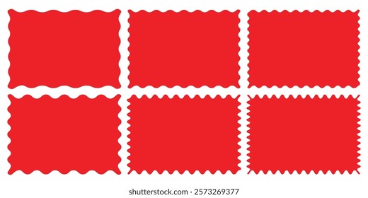 Zig zag edge rectangle shape collection. Jagged rectangular elements set. Red graphic design elements for decoration, banner, poster, template, sticker, badge, label, tag. Vector bundle