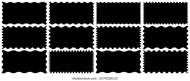 Zig zag edge rectangle shape collection. Different shapes and sizes frame with zigzag edge. Rectangular jagged curved box element. Geometric zig zag wavy labels, isolated on white background. EPS 10.