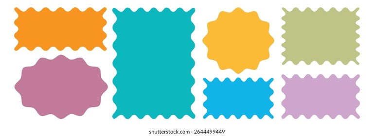 Zig zag edge rectangle shape collection. Geometric shapes with scallop and zigzag edges set. Silhouette stickers circle, square, oval and rectangle labels.