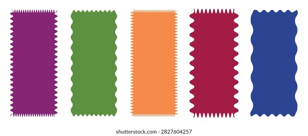 Zig zag edge rectangle shape, colorful collection. Different shapes and sizes frame with zigzag edge. Rectangular zigzag curved box. Decorative banners and labels set on white background.