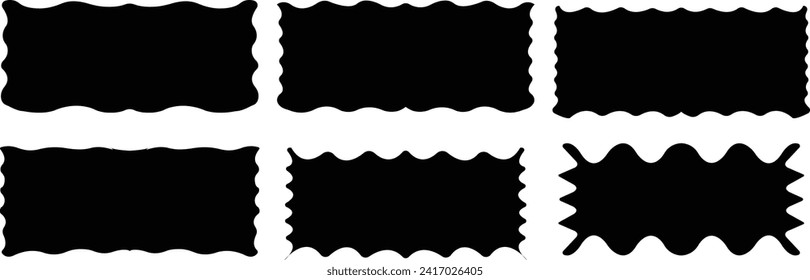 Zig zag edge rectangle shapes frame set. Simple geometrical monochrome shapes. Jagged patches. Black graphic design elements for decoration, banner, poster, template, sticker, badge, collage. Vector.